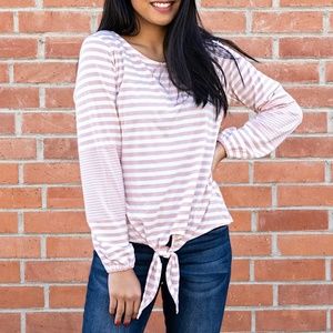 Missy and PLUS Long Sleeve Stripe Tie Front Top